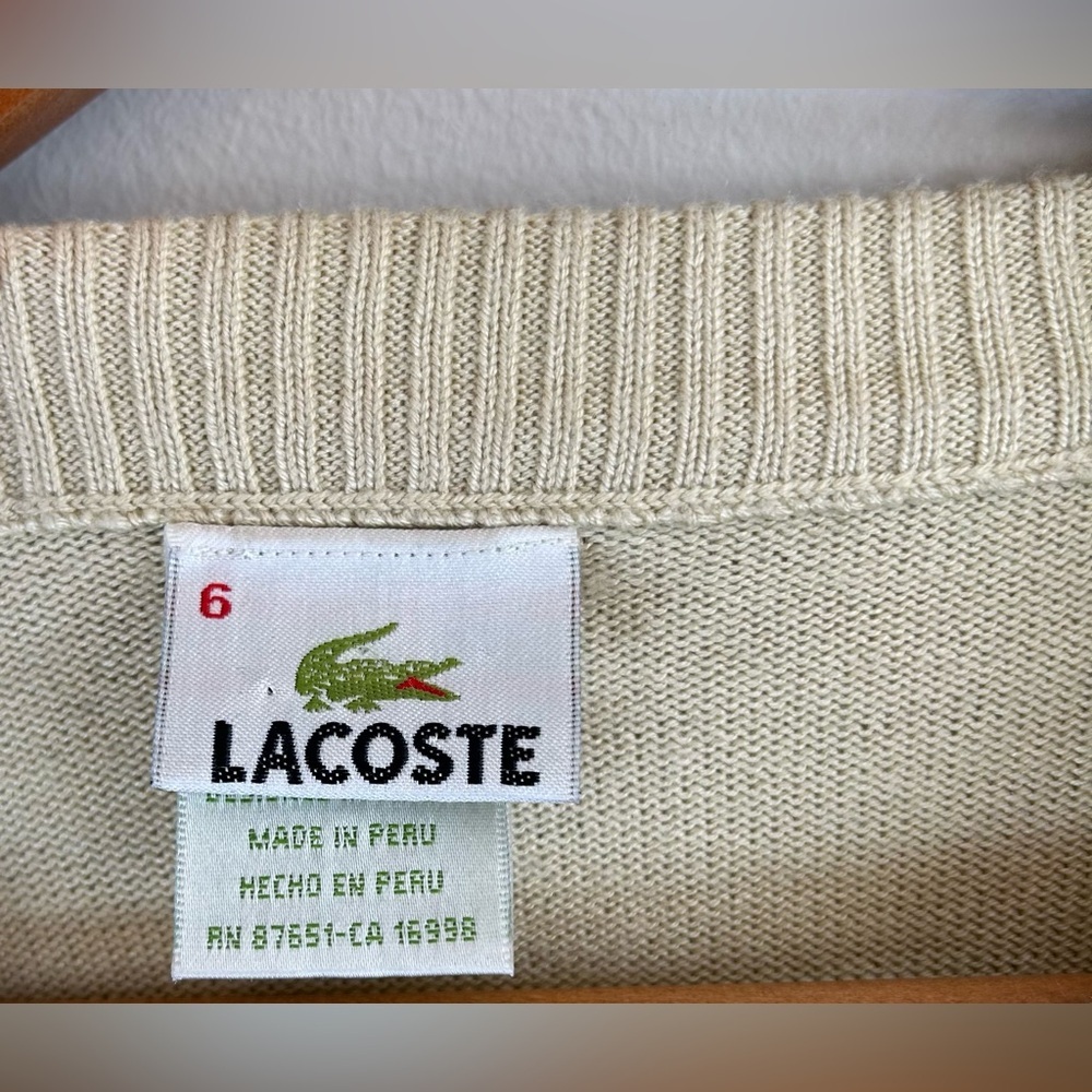Vintage Lacoste Mens Tan Striped V-Neck Pullover Cotton Sweater Long Sleeve Sz 6 - Picture 8 of 9